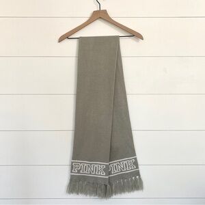 Victoria Secret Pink Logo Spell Out Knit Blanket Scarf w/Tassels in Gray & White